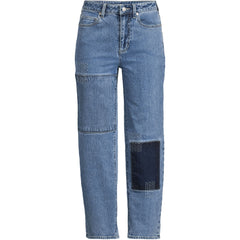 Women's Plus Size Soft Denim Mid Rise Relaxed Straight Crop Patchwork Jeans