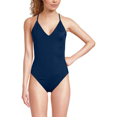 Women's Laser Cut Embroidered Plunge Tie Back Ultra High Leg One Piece Swimsuit