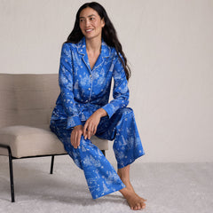 Women's Petite Satin 2 Piece Pajama Set - Long Sleeve Top and Wide Leg Pants