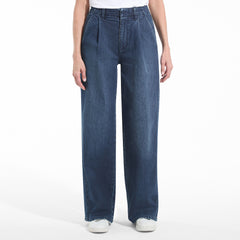 Women's Petite Soft Denim High Rise Pleated Wide Leg Trousers