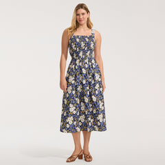 Women's Poplin Smocked Bodice Midi Dress
