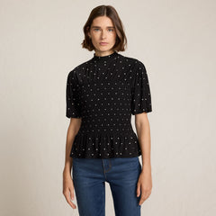 Women's Bubble Sleeve Silky Knit Smocked Mock Neck Top