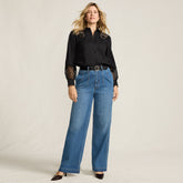 Women's Petite Soft Denim High Rise Wide Leg Top Stitch Trousers