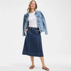 Womens Petite Soft Denim A-line Midi Skirt