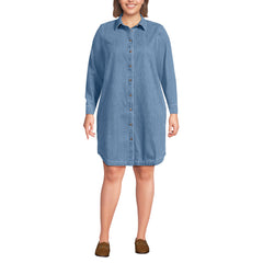Women's Plus Size Light Weight Denim Long Sleeve Button Front Shirt Dress