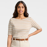 Women's Petite Supima Cotton Elbow Sleeve Boatneck Button Shoulder Tee
