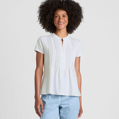 Women's Petite Lightweight Jersey Button Pintuck Top