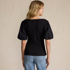 Women's Petite Drapey Rib Puff Sleeve Scoop Neck Top