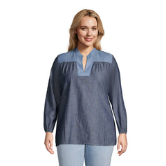 Women's Plus Size Chambray Mix Peasant Top