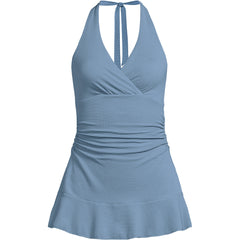 Women's Pique Halter Ruffle Hem Mini Swim Dress Swimsuit