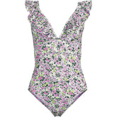 Women's Long Pique Ruffle One Piece Swimsuit