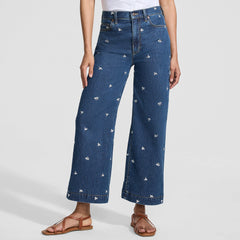 Women's Soft Denim High Rise Embroidered Wide Leg Crop Jeans