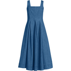 Women's Petite Pleated Square Neck Light Weight Denim Midi Dress