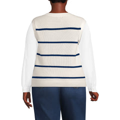 Women's Plus Size Drifter Shaker Button Shoulder Sweater Vest with Poplin Sleeves