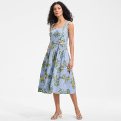 Women's Poplin Square Neck Midi Tie Waist Dress