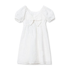 Girls Short Sleeve Eyelet Bow Dress