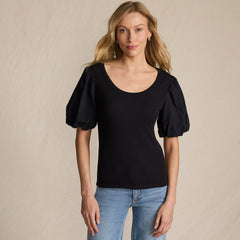 Women's Drapey Rib Puff Sleeve Scoop Neck Top