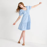 Women's Puff Sleeve Pleated Linen Knee Length Dress