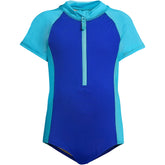 Girls Chlorine Resistant Short Sleeve One Piece Half Zip Swimsuit