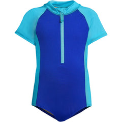 Girls Chlorine Resistant Short Sleeve One Piece Half Zip Swimsuit