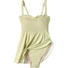 Womens Square Neck Smocked Mini Swim Dress