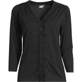 Women's Petite 3/4 Sleeve Slub V-neck Lace Trim Top
