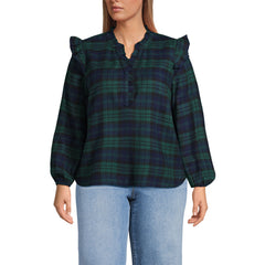 Women's Plus Size Ruffle Front Flannel Popover Blouse