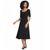 Women's Petite Starfish Elbow Sleeve Midi Fit and Flare Dress