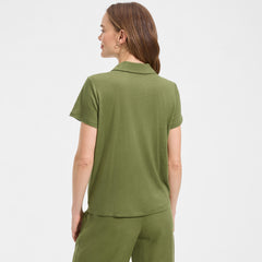 Women's Petite Linen Blend Short Sleeve Button Front Polo Top
