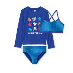 Girls Slim Chlorine Resistant Long Sleeve Rash Guard Bikini 3 Piece Swimsuit Set