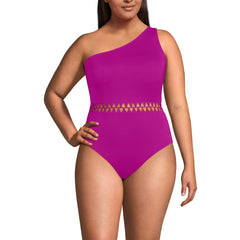 Women's Plus Size Macrame One Shoulder High Leg One Piece Swimsuit