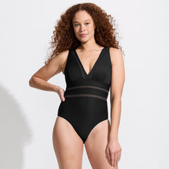 Women's Mesh Ribbed Plunge High Leg One Piece Swimsuit