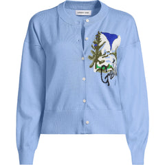 Women's Cropped Placed Jacquard Fine Gauge Crew Neck Cardigan Sweater
