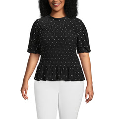 Women's Plus Size Bubble Sleeve Silky Knit Smocked Mock Neck Top