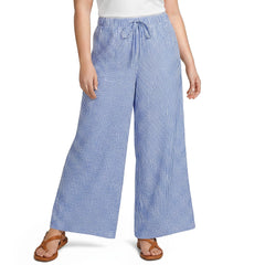 Women's Plus Size Seersucker High Rise Drawstring Wide Leg Pants