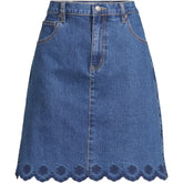 Women's Plus Size Soft Denim 5 Pocket Above the Knee Skirt with Embroidered Hem