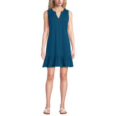Women's Petite Sleeveless Cotton Jersey Notch Neck Flounce Dress
