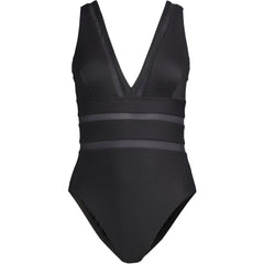 Women's Long Mesh Ribbed Plunge High Leg One Piece Swimsuit