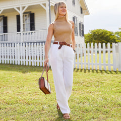 Women's High Rise Wide Leg Linen Pleated Pants