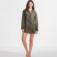 Women's Long Torso Rayon Rib Button Down Cover-Up
