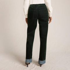 Women's Flocked Denim Mid Rise Relaxed Straight Leg Cuff Jeans
