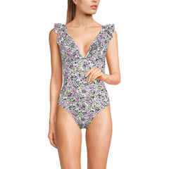 Women's Long Pique Ruffle One Piece Swimsuit
