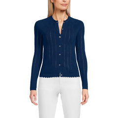 Women's Cotton Pointelle Satin Trim Cardigan Sweater