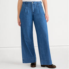 Women's High Rise Wide Leg Double Pleated Denim Trousers