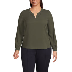 Women's Plus Size Shirred Long Sleeve Split Neck Blouse