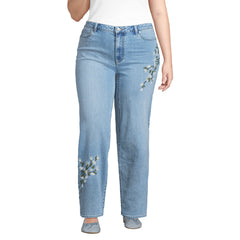 Women's Plus Size Soft Denim Mid Rise Relaxed Straight Leg Embroidered Jeans