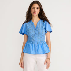 Women's Short Sleeve Mixed Media Eyelet Top
