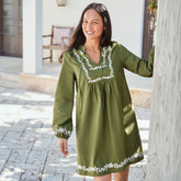 Women's Tall Embroidered Above the Knee Tie Neck Dress