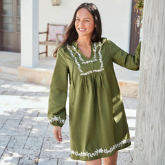 Women's Petite Embroidered Above the Knee Tie Neck Dress