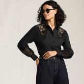 Women's Poplin Lace Inset Long Sleeve Top